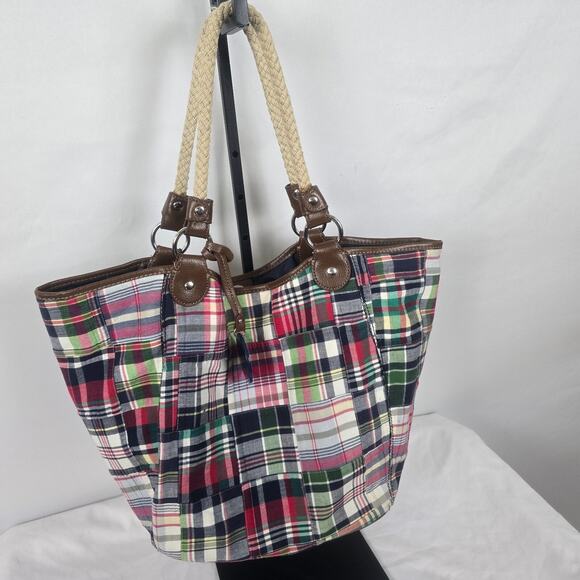 Tommy Hilfiger Tote Colorful Plaid Double Shoulder Strap 11" x 12" x 7" - Picture 16 of 16